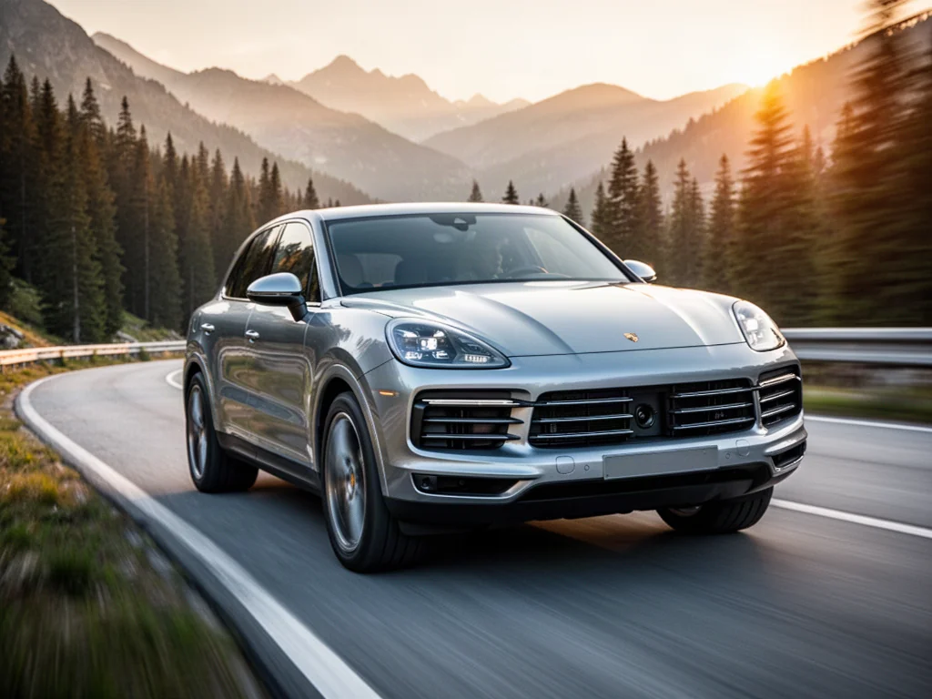 Srebrne Porsche Cayenne pędzące po krętej górskiej drodze w blasku zachodzącego słońca.
