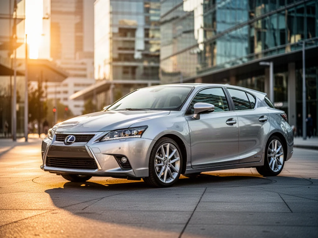 Srebrny Lexus CT 200h zaparkowany na tle nowoczesnej architektury miejskiej w świetle zachodzącego słońca.
