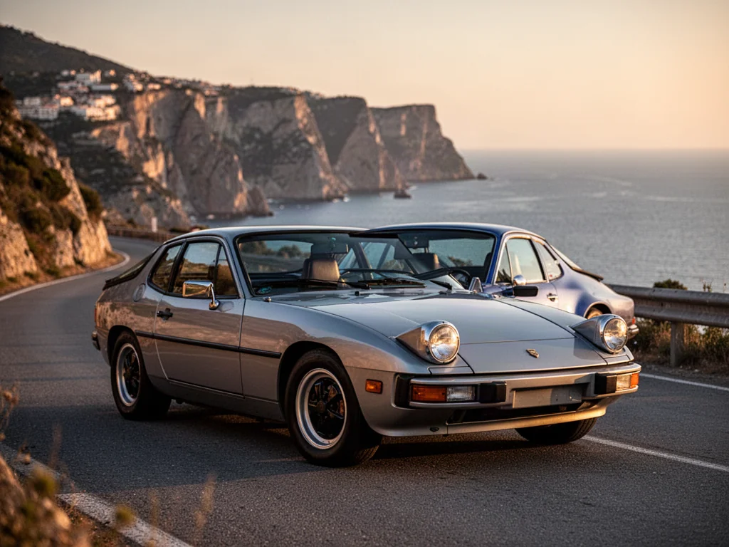 Klasyczny Porsche 924 zaparkowany na malowniczej nadmorskiej drodze podczas zachodu słońca.
