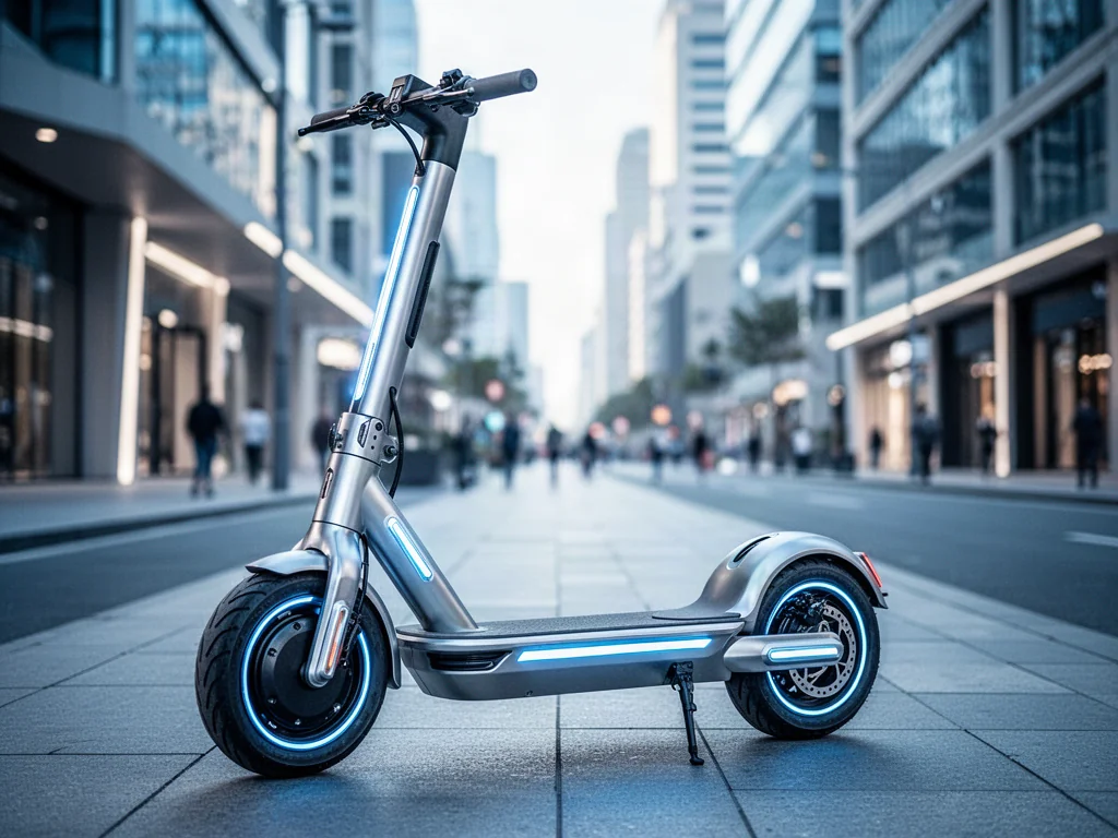 Nowoczesna, szybka hulajnoga elektryczna zaparkowana na miejskim chodniku, podkreślająca futurystyczny design pojazdu.