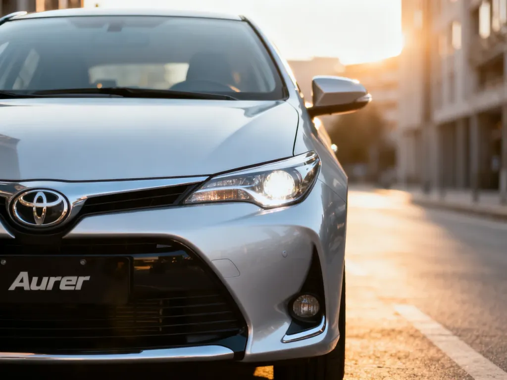 Srebrna Toyota Auris zaparkowana na słonecznej miejskiej ulicy, prezentująca nowoczesny design przodu pojazdu.