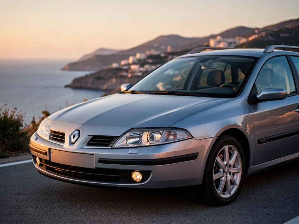 Srebrny Renault Laguna 2 zaparkowany na malowniczym nadmorskim wybrzeżu podczas zachodu słońca.