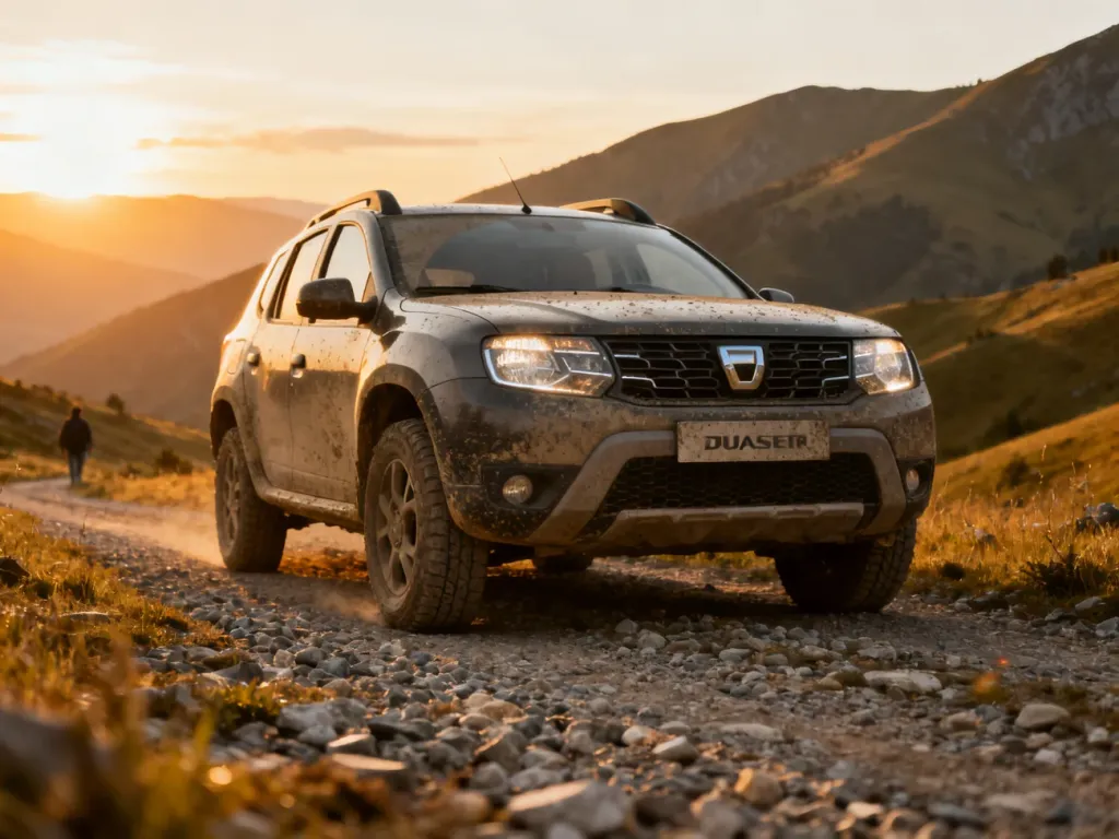 Dacia Duster zaparkowana na żwirowej drodze w górskim krajobrazie podczas zachodu słońca.