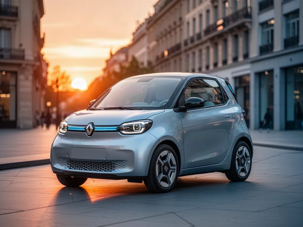 Nowoczesna Dacia Spring zaparkowana na tle europejskiego miasta w świetle zachodzącego słońca.