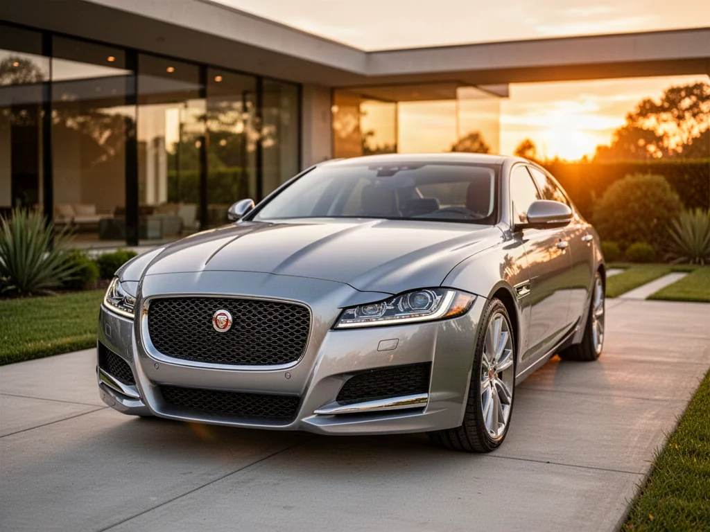 Srebrny Jaguar XF zaparkowany na nowoczesnym podjeździe w świetle zachodzącego słońca. Elegancki przód luksusowego sedana.