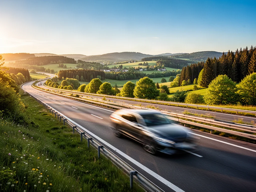 Nowoczesna autostrada Via Carpatia biegnąca przez zielone wzgórza w świetle zachodzącego słońca.