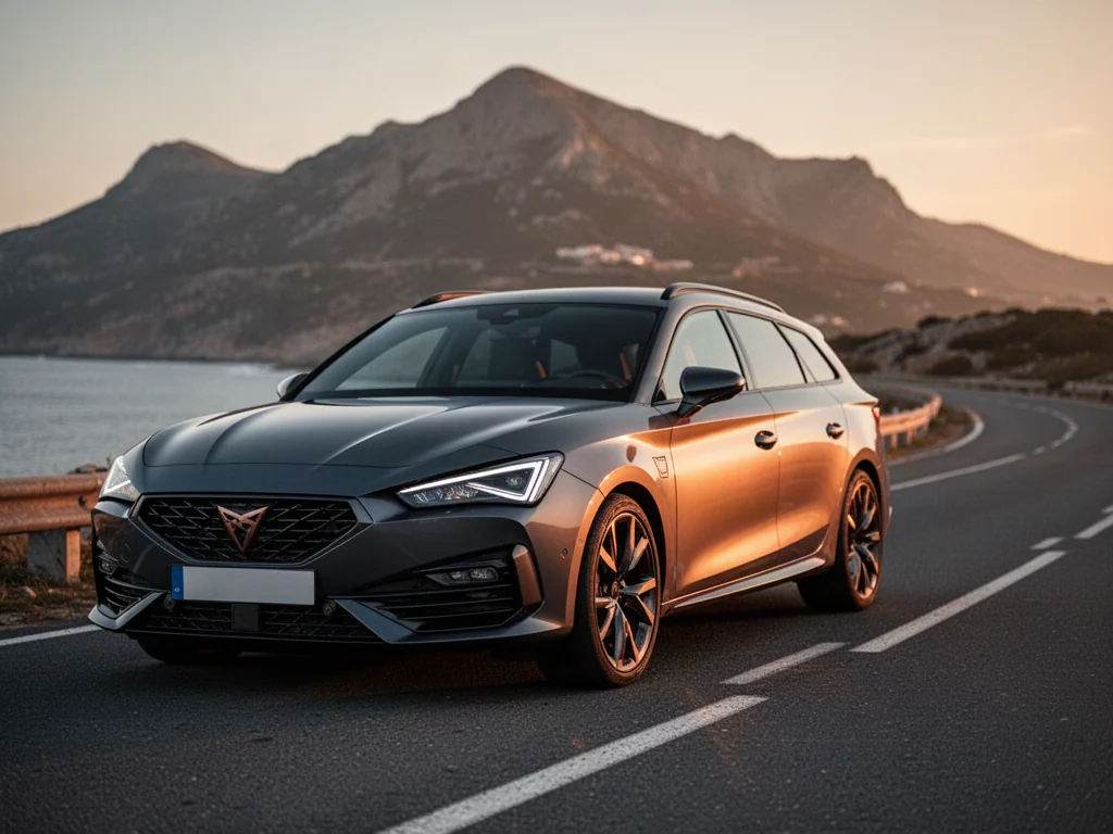 Cupra Leon Sportstourer zaparkowana na malowniczej nadmorskiej drodze podczas zachodu słońca.