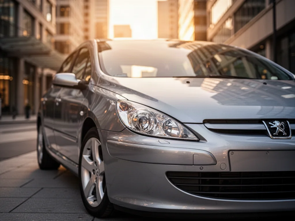 Srebrny Peugeot 307 zaparkowany na miejskiej ulicy w świetle zachodzącego słońca, podkreślającym detale nadwozia.