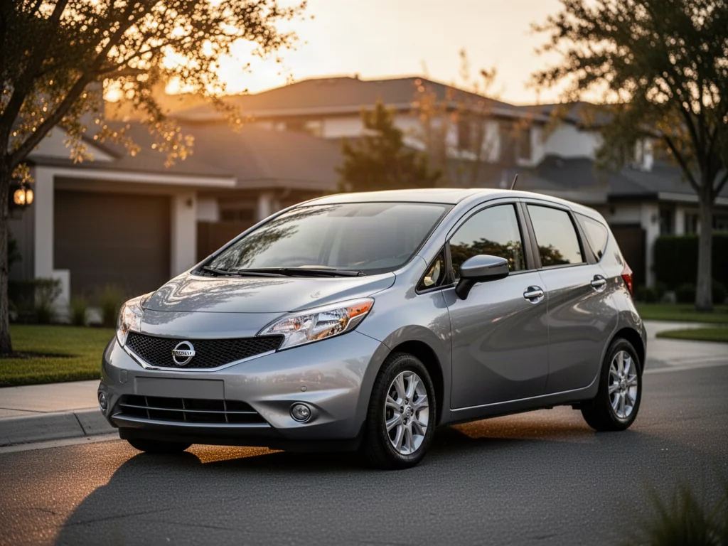 Srebrny Nissan Note zaparkowany na podmiejskiej ulicy w ciepłym świetle zachodzącego słońca.