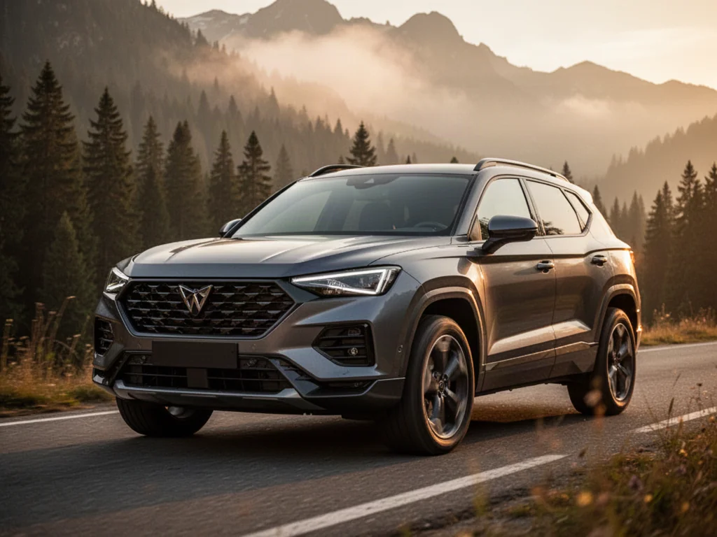 Nowoczesny SUV SsangYong Torres zaparkowany na górskiej drodze w świetle zachodzącego słońca.