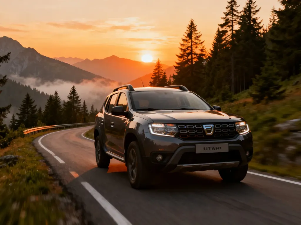 Nowa Dacia Duster jadąca krętą górską drogą w świetle zachodzącego słońca, podkreślająca nowoczesny i terenowy charakter auta.