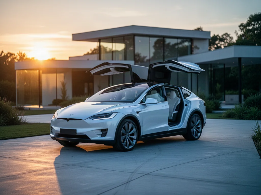 Biały Tesla Model X z otwartymi drzwiami typu falcon-wing zaparkowany przed nowoczesnym domem w świetle zachodzącego słońca.
