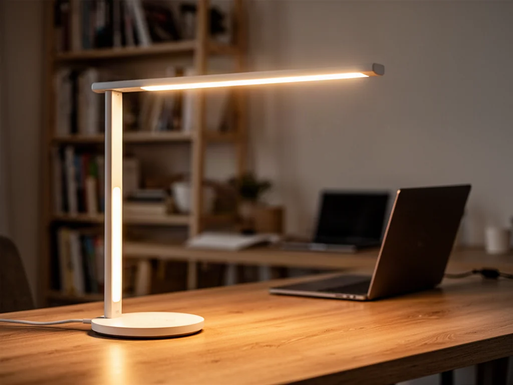 Nowoczesna lampa biurkowa LED typu V16 emitująca ciepłe światło na drewnianym blacie w przytulnym domowym biurze.