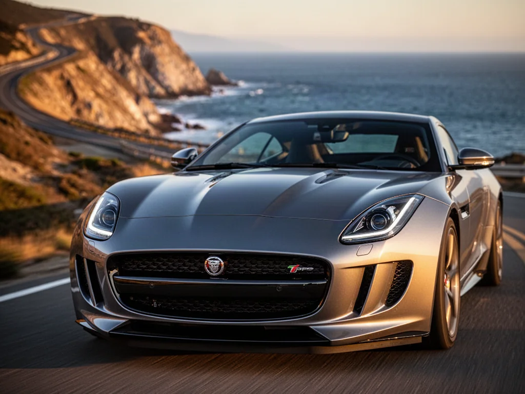 Srebrny Jaguar F-Type zaparkowany na malowniczej nadmorskiej drodze podczas zachodu słońca.