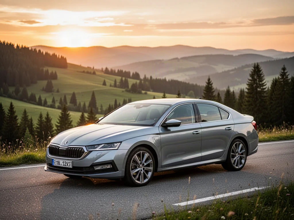 Srebrna Skoda Octavia zaparkowana na malowniczej górskiej drodze w świetle zachodzącego słońca.