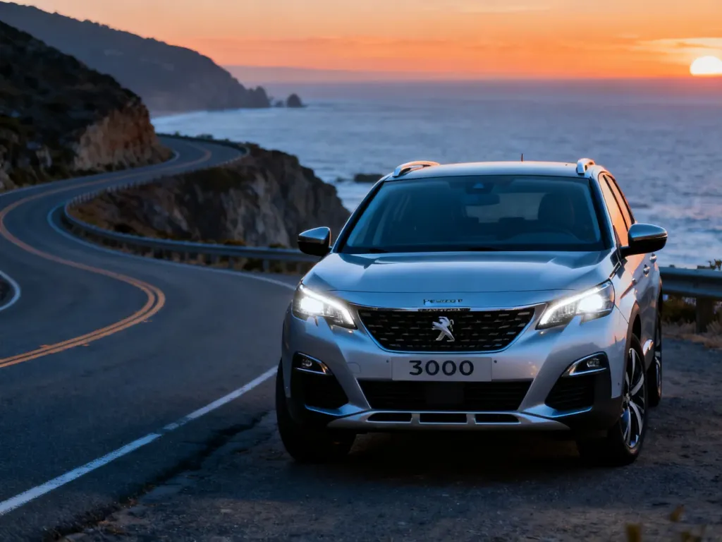 Srebrny Peugeot 3008 zaparkowany na malowniczej nadmorskiej drodze o zachodzie słońca. Widok na nowoczesny przód auta.