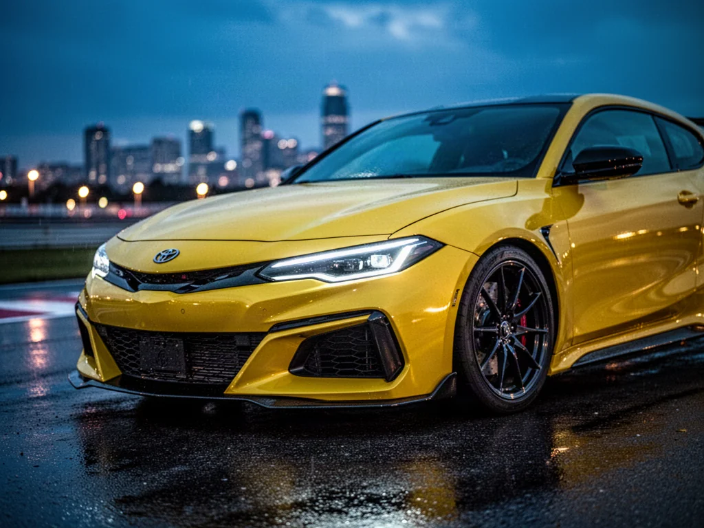 Żółty Renault Megane RS zaparkowany na mokrym torze o zmierzchu, podkreślający agresywny design i sportowy charakter auta.