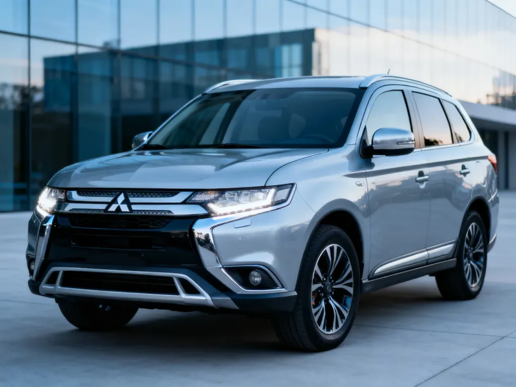 Srebrny Mitsubishi Outlander zaparkowany na minimalistycznym betonowym podłożu, prezentujący nowoczesny design przodu auta.