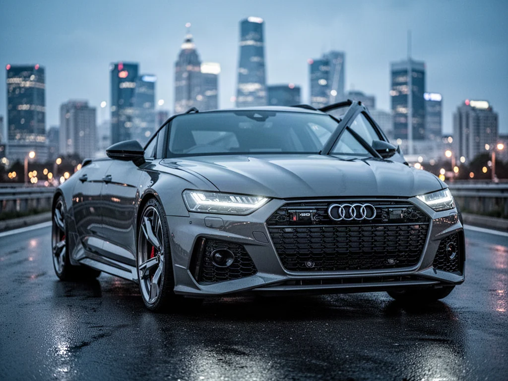 Szare Audi RS6 zaparkowane na mokrym asfalcie o zmierzchu, z wyeksponowanym agresywnym przodem i nowoczesną miejską panoramą.