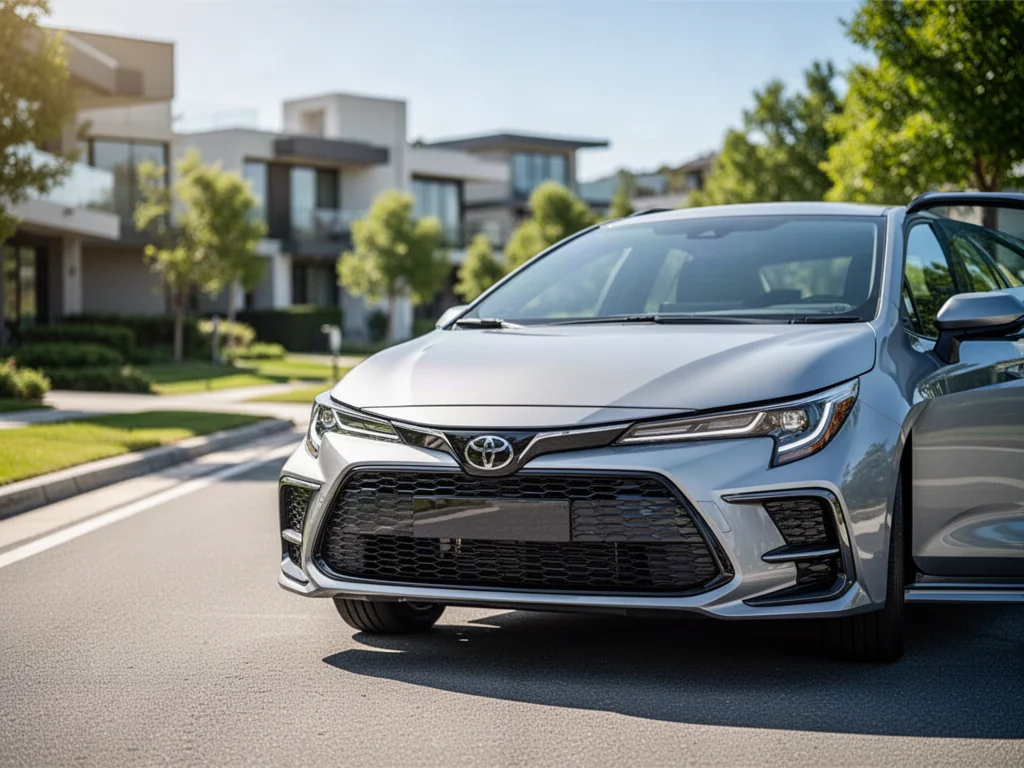 Nowoczesna srebrna Toyota Corolla zaparkowana na słonecznej drodze w otoczeniu zieleni i nowoczesnej architektury.