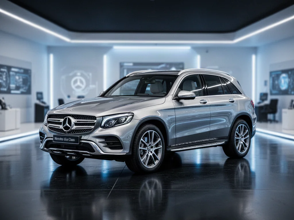 Srebrny Mercedes GLC zaparkowany w nowoczesnym salonie o minimalistycznym oświetleniu. Profesjonalna prezentacja SUV-a.