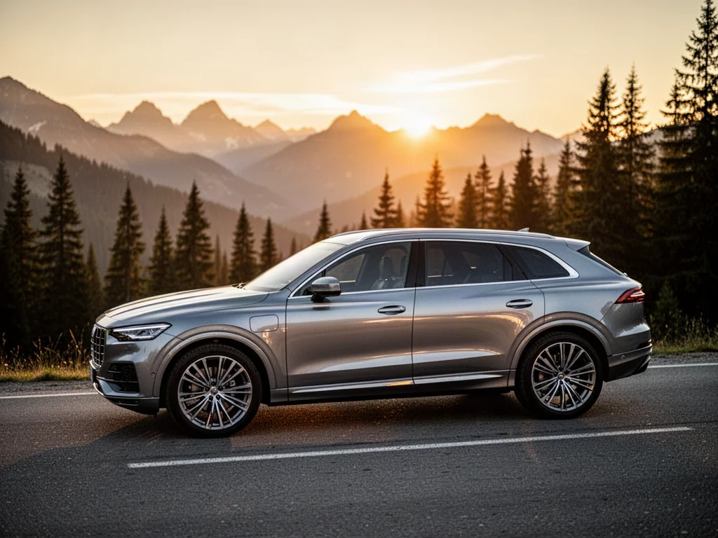 Srebrny SUV marki Audi zaparkowany na górskiej drodze w świetle zachodzącego słońca.