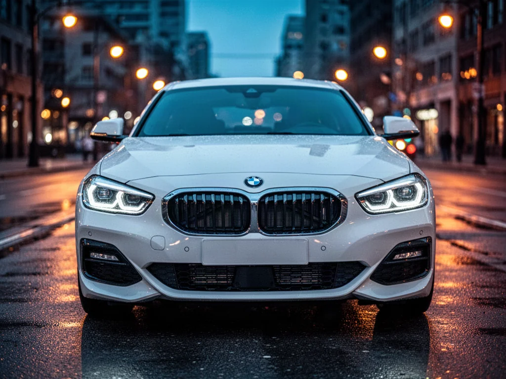 Białe BMW serii 1 zaparkowane na mokrym asfalcie o zmroku, z wyeksponowanymi detalami przednich reflektorów LED.