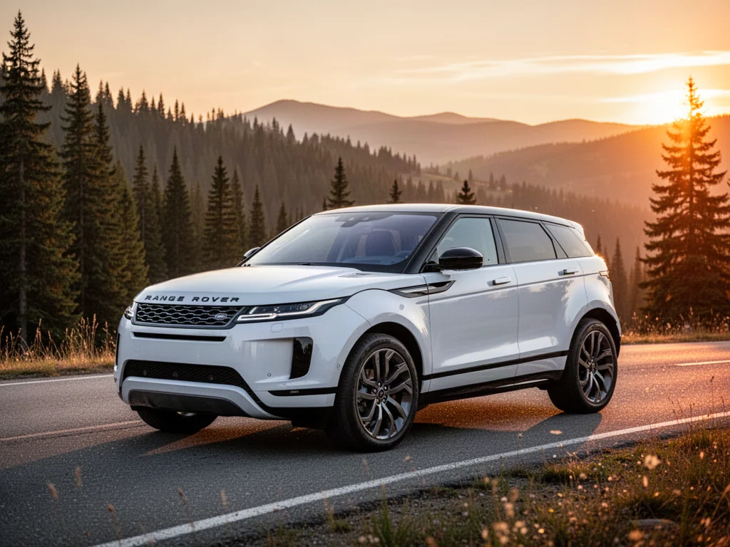 Biały Range Rover Evoque zaparkowany na malowniczej górskiej drodze podczas zachodu słońca.