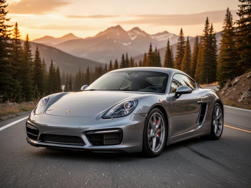 Srebrne Porsche Cayman zaparkowane na krętej górskiej drodze w blasku zachodzącego słońca.