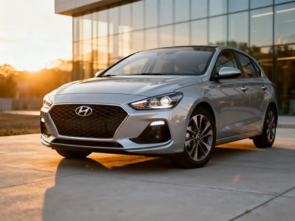 Srebrny Hyundai i30 zaparkowany na nowoczesnym podjeździe w świetle zachodzącego słońca, podkreślającym detale przodu auta.