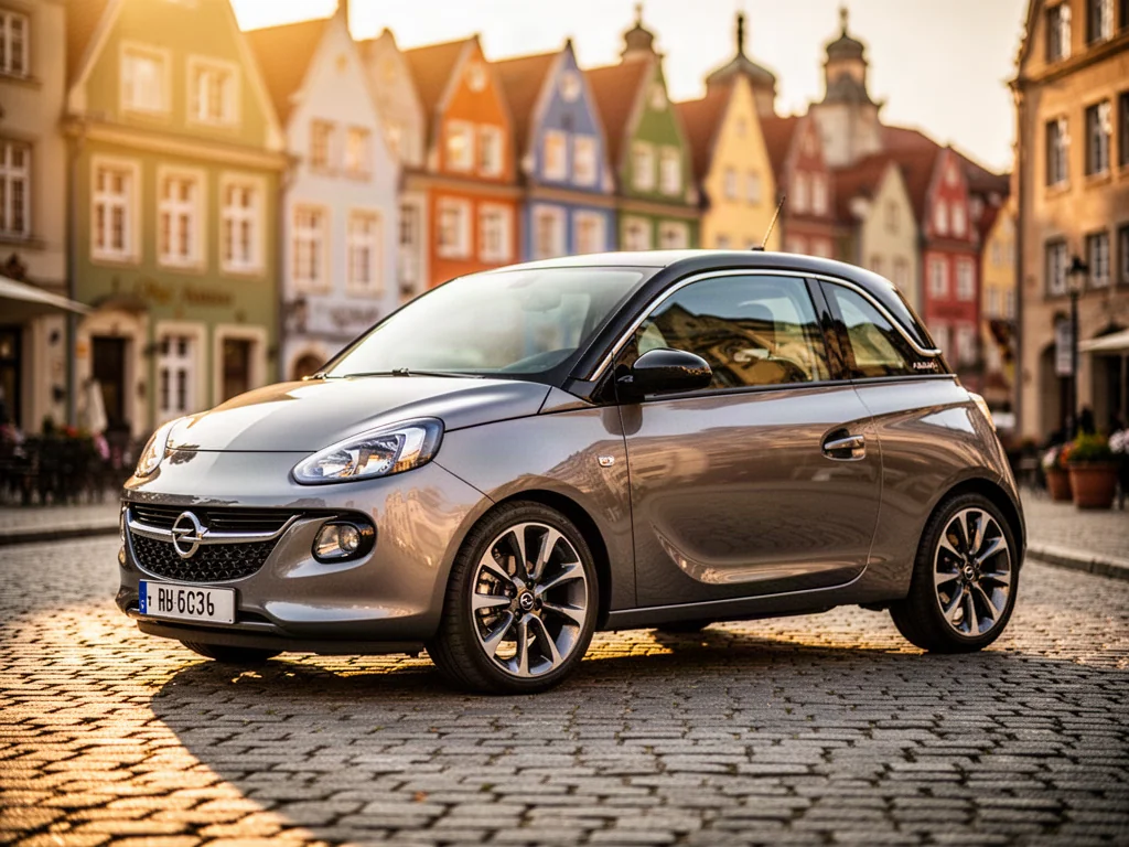 Stylowy Opel Adam zaparkowany na brukowanej uliczce europejskiego miasta w promieniach zachodzącego słońca.
