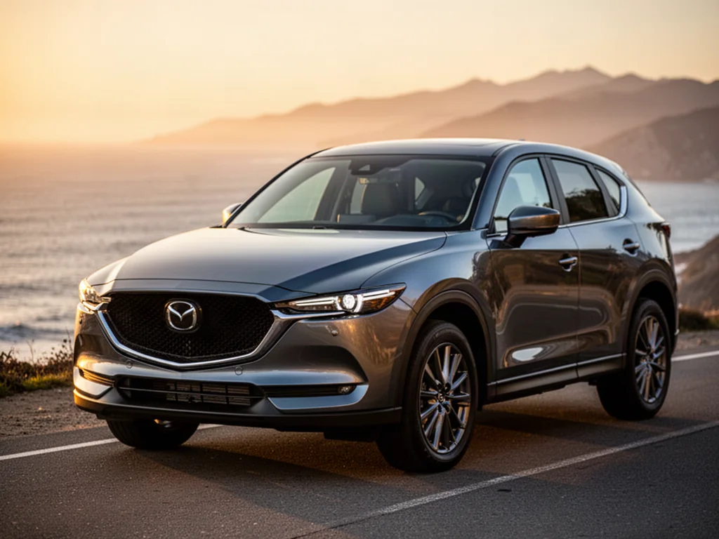 Nowoczesna Mazda CX-5 zaparkowana na nadmorskiej drodze w świetle zachodzącego słońca.
