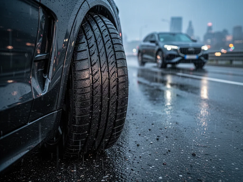 Bieżnik opony Michelin Primacy 4 na mokrej nawierzchni, podkreślający precyzję wykonania i przyczepność w deszczowych warunkach.
