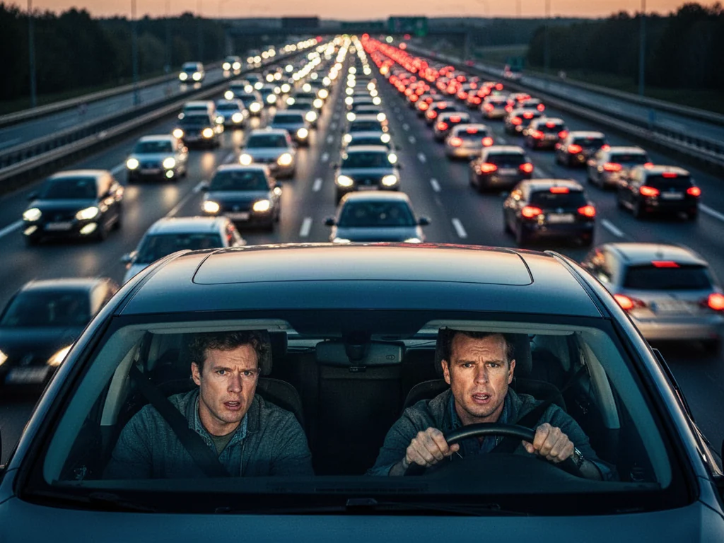 Zirytowany kierowca stojący w korku na autostradzie podczas zachodu słońca.