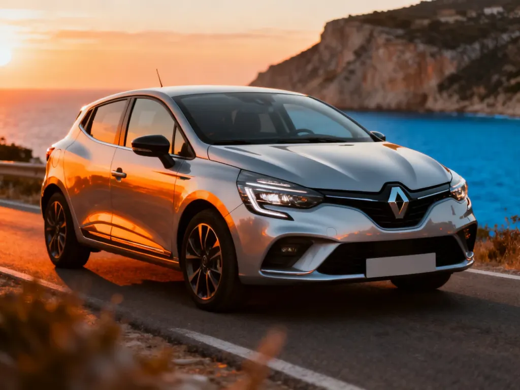 Srebrne Renault Clio zaparkowane na malowniczej nadmorskiej drodze podczas zachodu słońca.