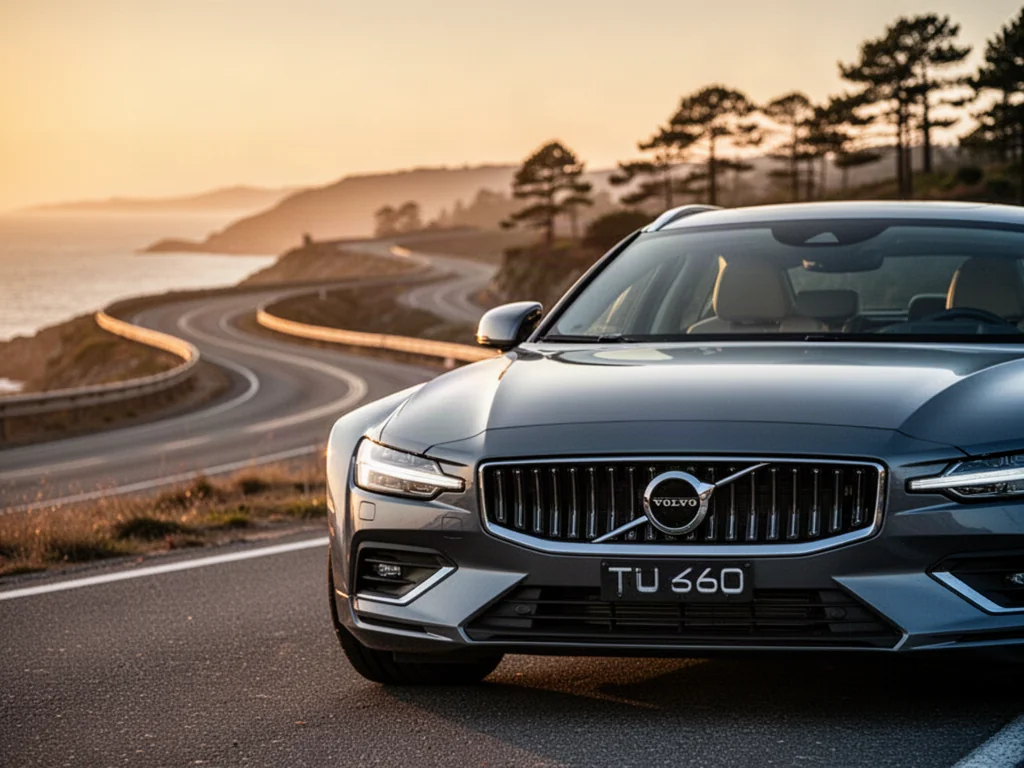 Nowoczesny sedan Volvo S60 zaparkowany na malowniczej nadmorskiej drodze podczas zachodu słońca.