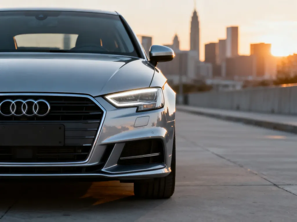 Srebrne Audi A3 8V zaparkowane na tle miejskiej architektury w świetle zachodzącego słońca. Widok na przedni reflektor i grill.