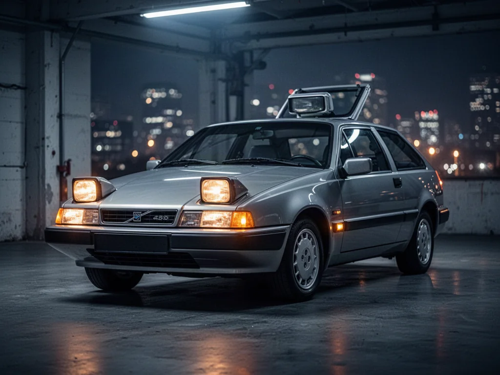 Klasyczne Volvo 480 z charakterystycznymi otwieranymi reflektorami w nastrojowym, industrialnym garażu.