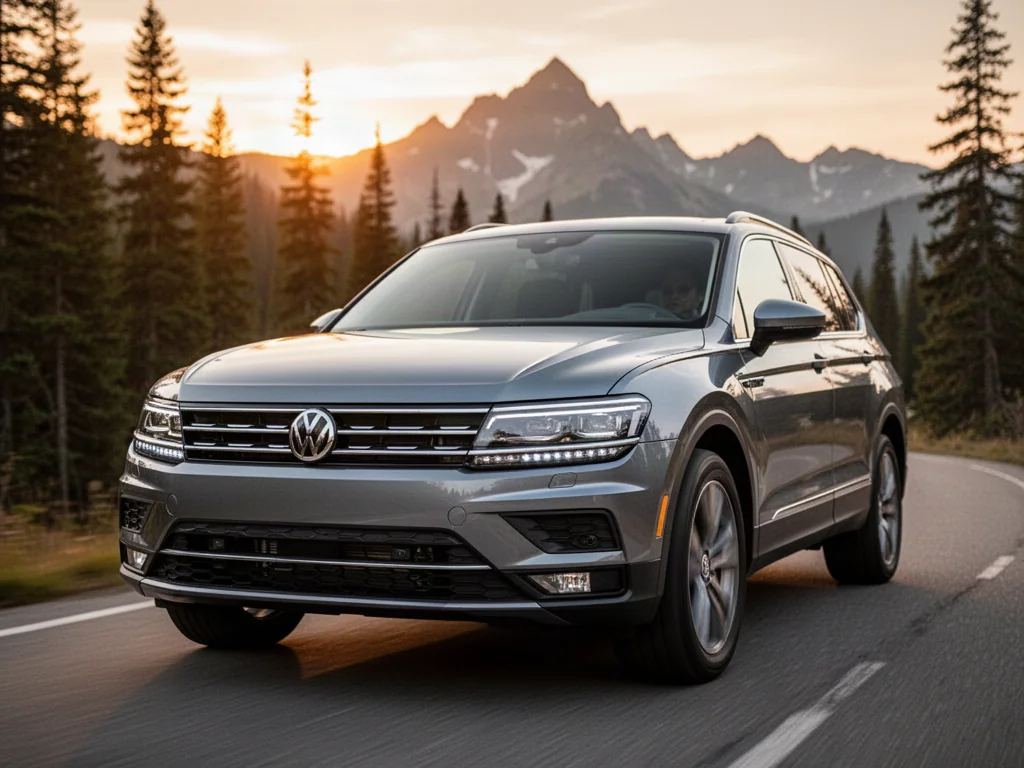 Srebrny VW Tiguan Allspace zaparkowany na górskiej drodze w świetle zachodzącego słońca, prezentujący nowoczesny design przodu auta.