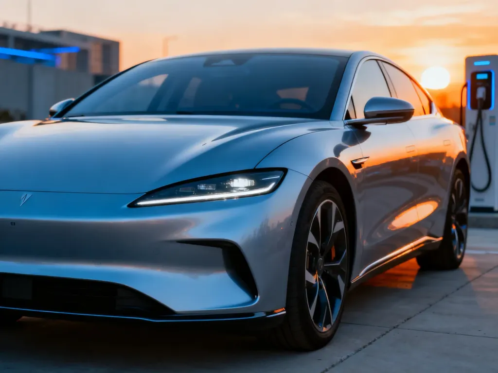 Srebrny sedan elektryczny BYD Seal zaparkowany na nowoczesnym podjeździe w świetle zachodzącego słońca.