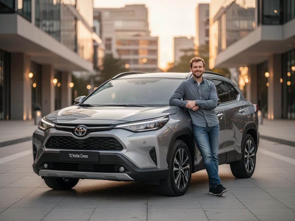 Srebrna Toyota Cross zaparkowana na nowoczesnej ulicy podczas złotej godziny, obok której stoi uśmiechnięty mężczyzna.