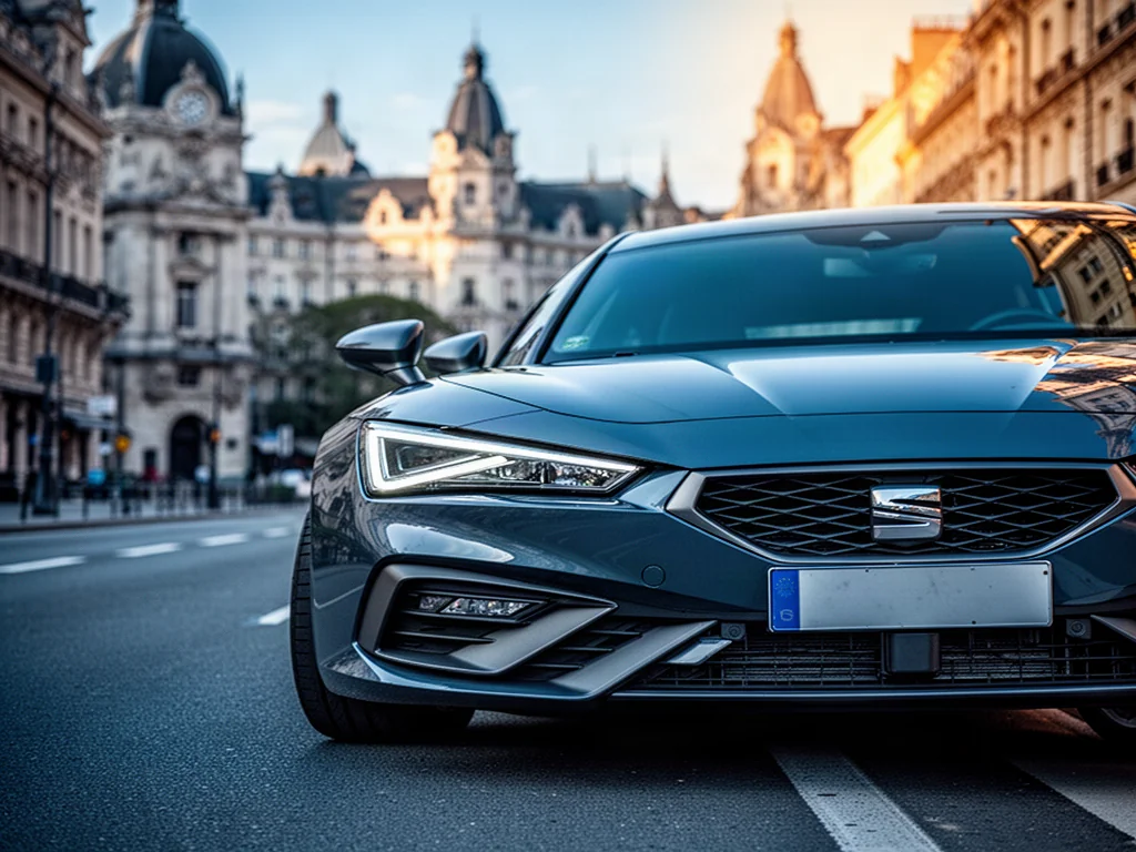 Nowoczesny Seat León zaparkowany na słonecznej ulicy w europejskim mieście, prezentujący sportową stylistykę przodu auta.