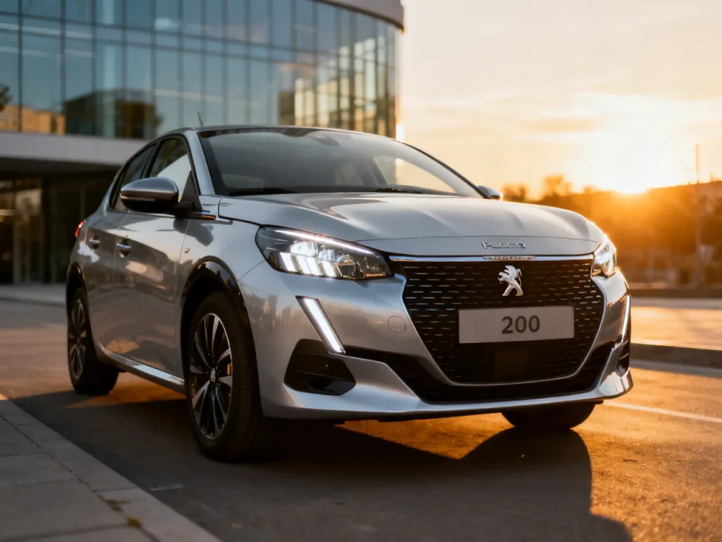 Srebrny Peugeot 208 zaparkowany na nowoczesnej ulicy w świetle zachodzącego słońca, eksponujący charakterystyczne reflektory.