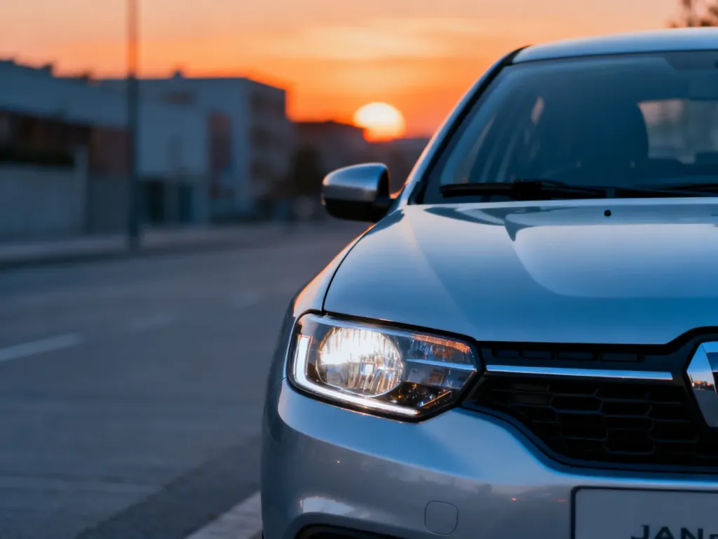 Srebrna Dacia Sandero III zaparkowana na miejskiej ulicy o zachodzie słońca, prezentująca nowoczesny design przodu auta.