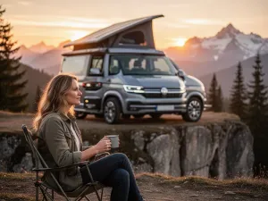 Srebrny Ford Everest jadący po piaszczystym górskim szlaku w świetle zachodzącego słońca.