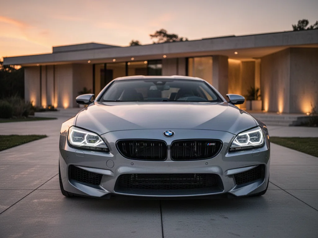 Srebrne BMW M6 zaparkowane na nowoczesnym podjeździe o zachodzie słońca, podkreślające agresywny design i sportowy charakter auta.