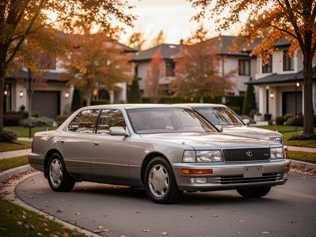 Srebrny Lexus LS400 zaparkowany na spokojnej ulicy w blasku zachodzącego słońca, podkreślający klasyczną elegancję modelu.