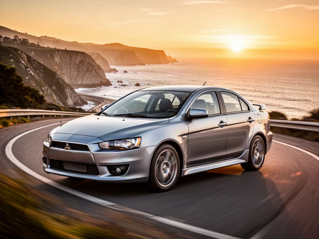 Srebrny Mitsubishi Lancer jadący krętą nadmorską drogą w blasku zachodzącego słońca.