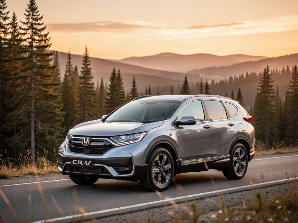 Srebrna Honda CR-V zaparkowana na malowniczej górskiej drodze podczas zachodu słońca.
