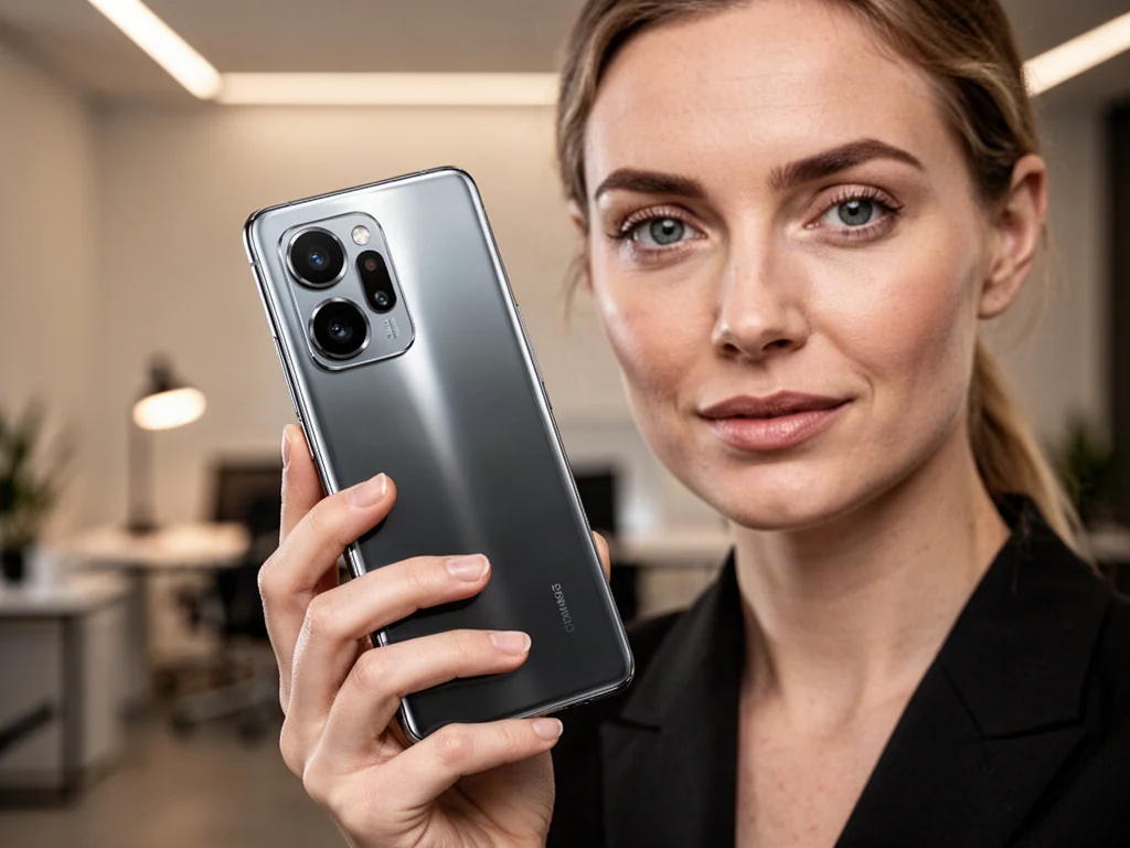 Elegancki smartfon z widocznym aparatem trzymany w dłoni na tle nowoczesnego biura.